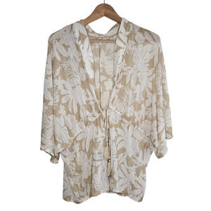 Cato Womens size M Tan/White Kimono Top Tropical Palm Leaves Cinch Sheer Resort
